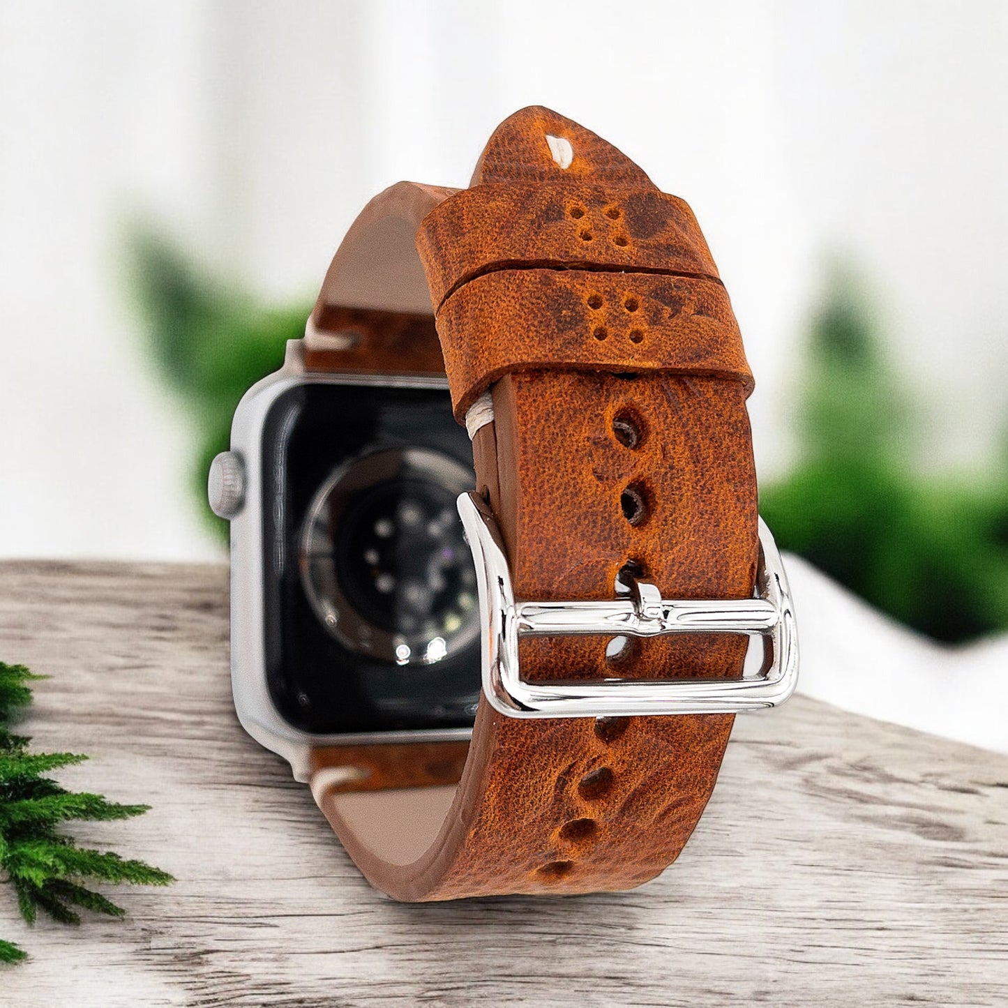 Apple Watch Deri Saat Kordonu - Özel Tasarım Kabartma El İşçiliği Flora Camel