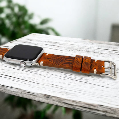 Apple Watch Deri Saat Kordonu - Özel Tasarım Kabartma El İşçiliği Flora Camel