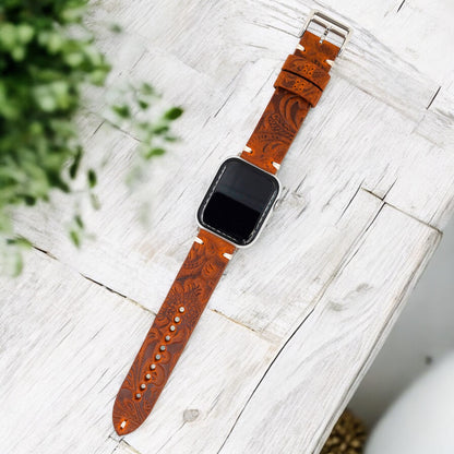 Apple Watch Deri Saat Kordonu - Özel Tasarım Kabartma El İşçiliği Flora Camel