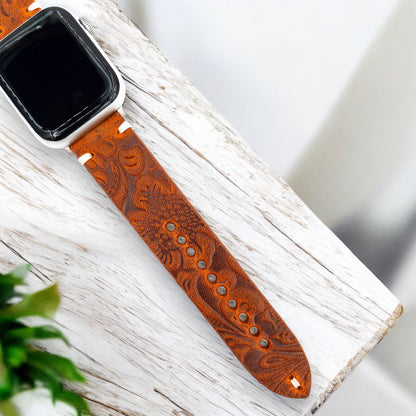 Apple Watch Deri Saat Kordonu - Özel Tasarım Kabartma El İşçiliği Flora Camel