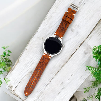 Huawei Watch Deri Saat Kordonu - Özel Tasarım Kabartma El İşçiliği Flora Camel